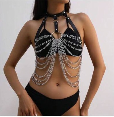 Wild black leather chest punk bondage belt with chain